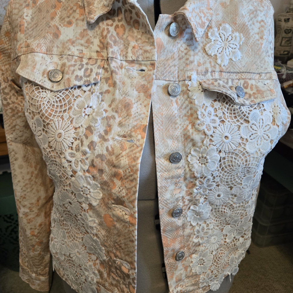 Nine West Women's Lace Embellished Jean Jacket - Tan and White